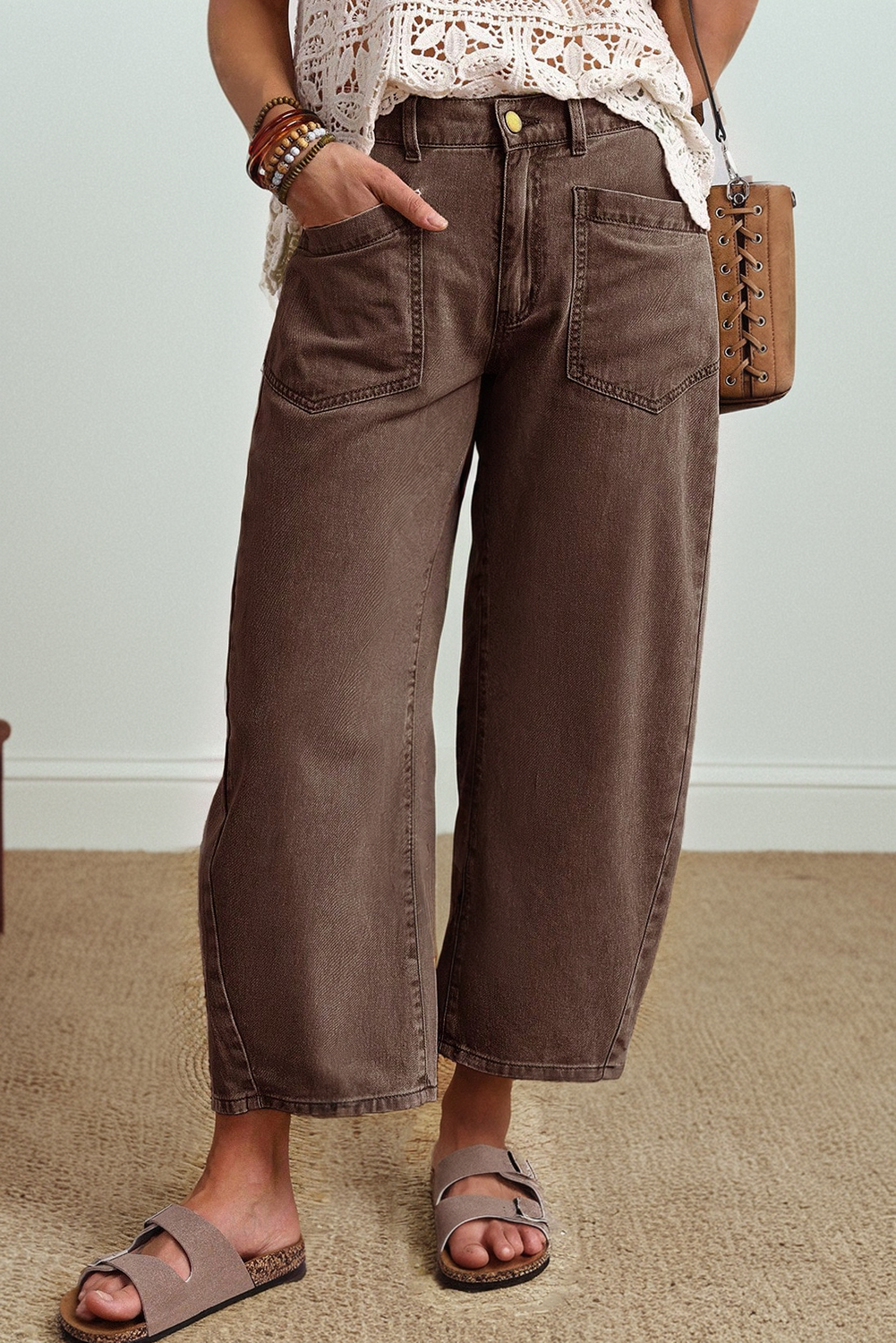 Coffee Solid Color Square Patch Pocket Ankle-length Barrel Jeans