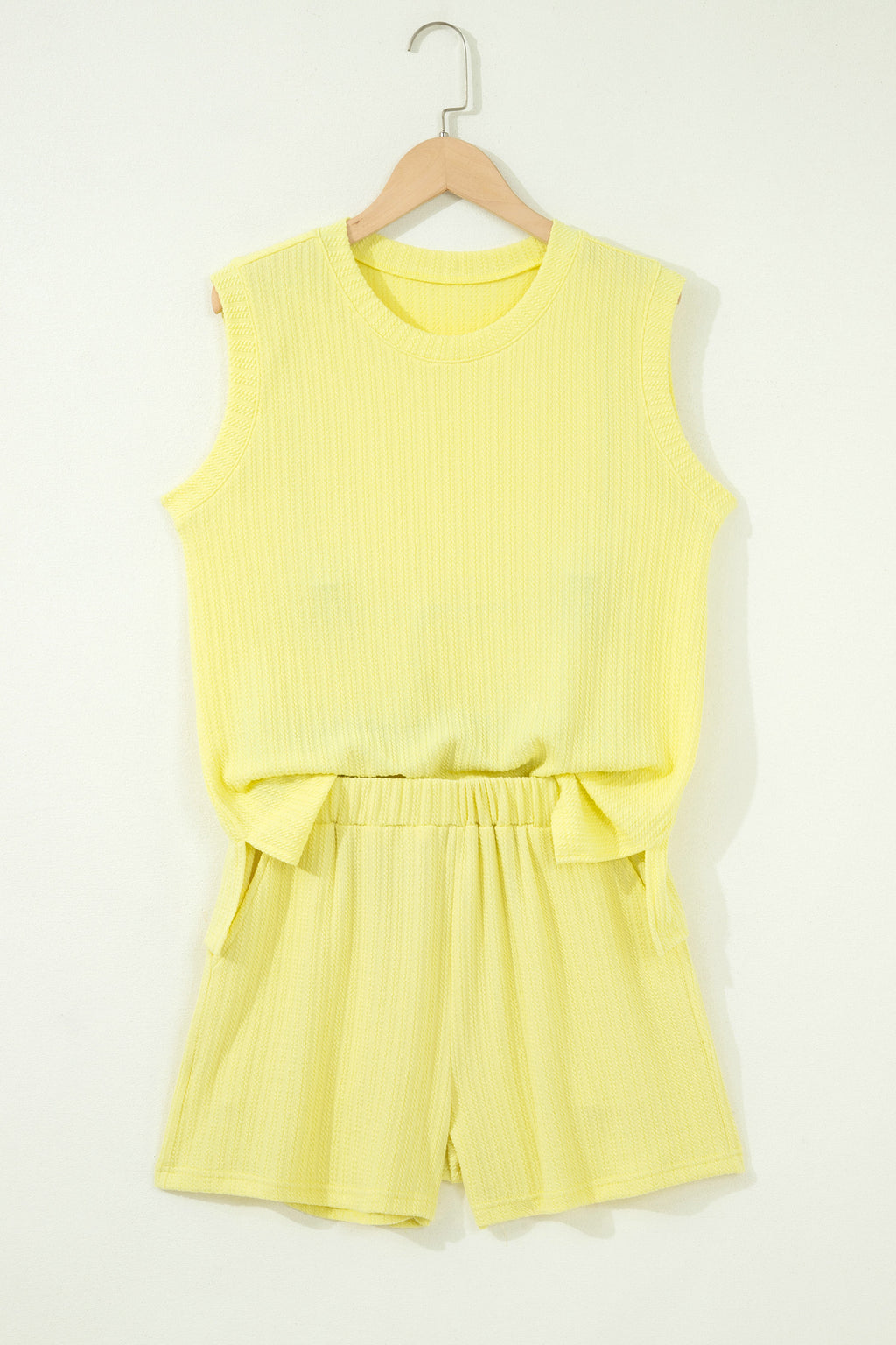 Yellow Cream Solid Color Textured Loose Tank Casual Shorts 2pcs Outfit