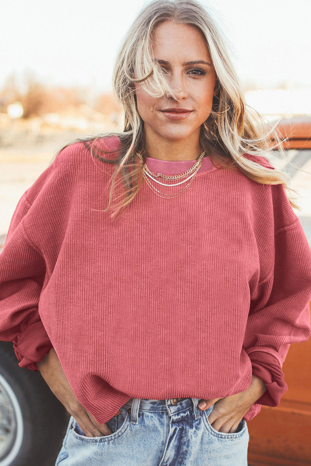 Orange Plain Drop Sleeve Crinkle Rib Oversized Sweatshirt