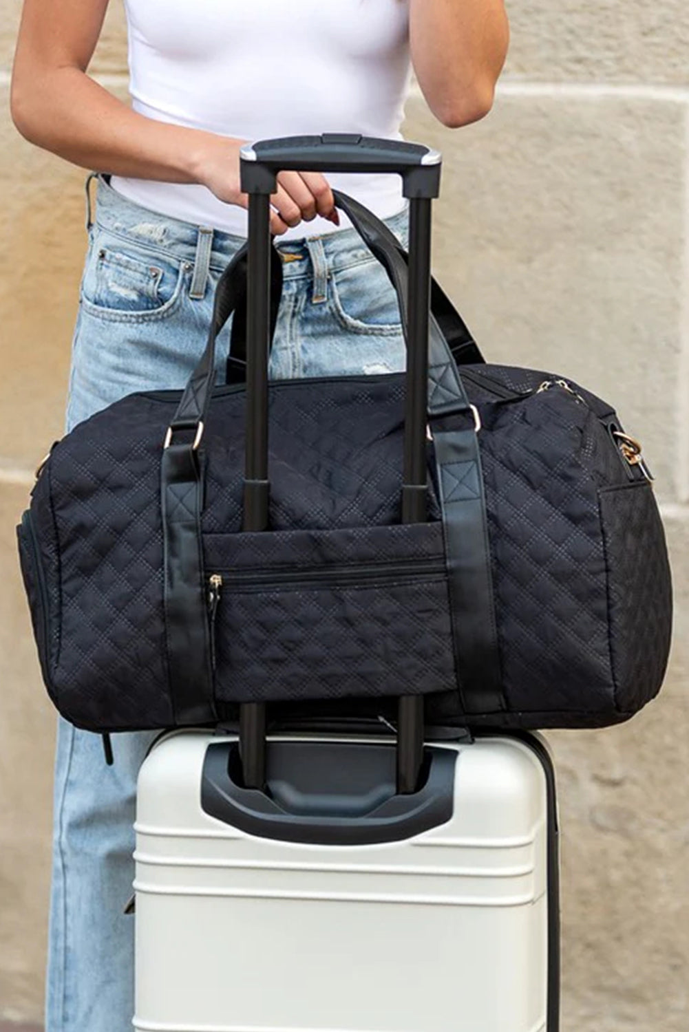 White Plaid Textured Large Capacity Travel Duffle Bag