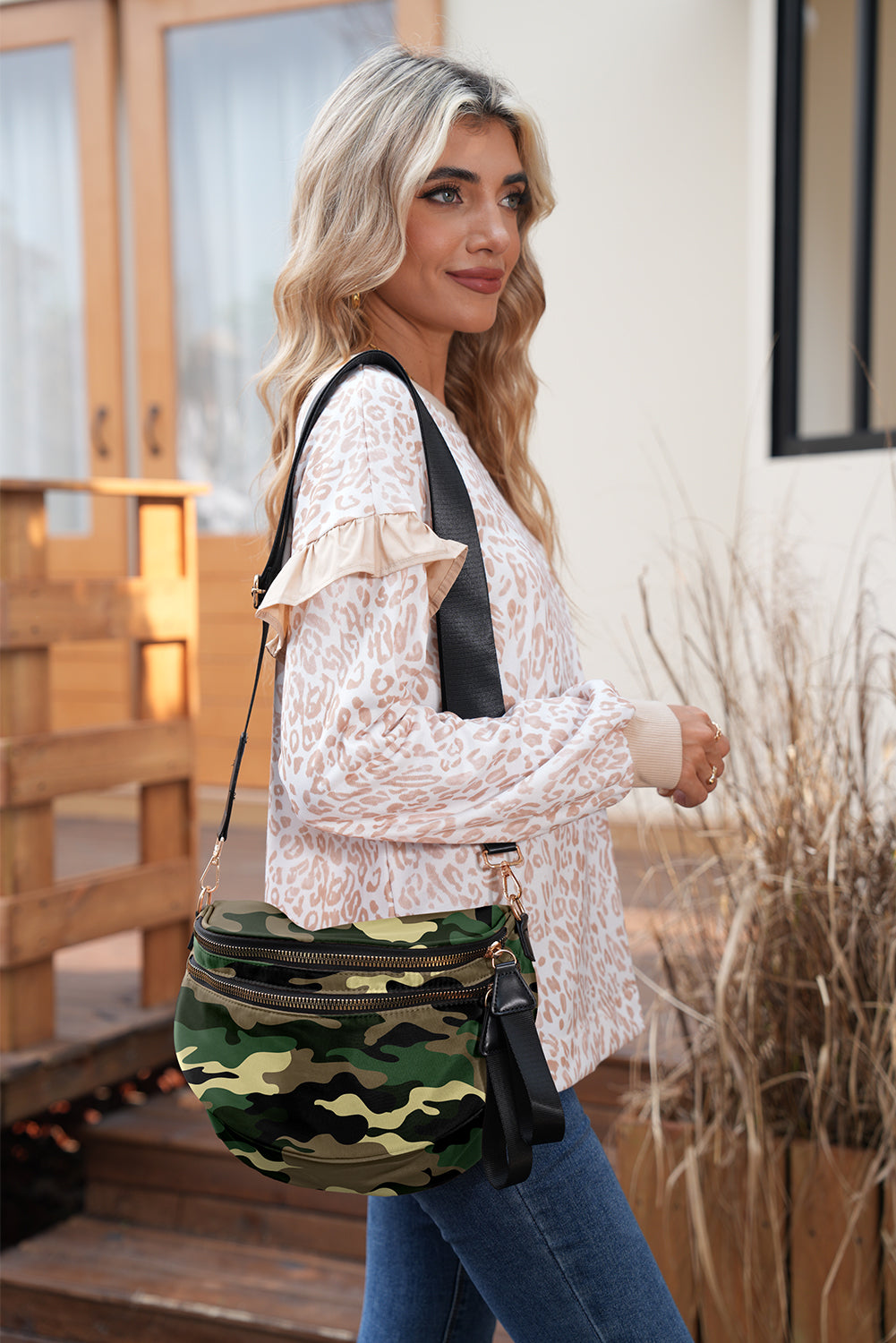 White Abstract/ Camouflage/ Polka Dot/ Leopard Print Double Zip Fashion Crossbody Bag