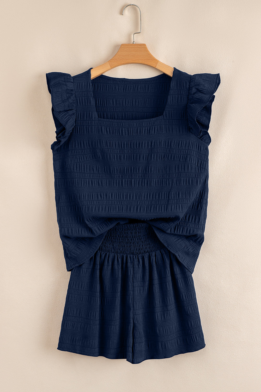 Black Textured Square Neck Top and Shirred High Waist Shorts Set