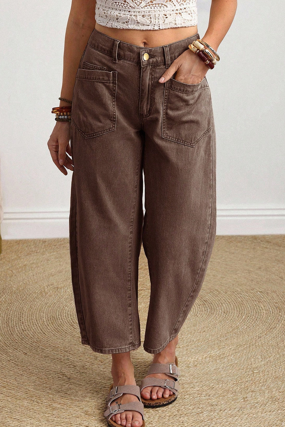 Coffee Solid Color Square Patch Pocket Ankle-length Barrel Jeans