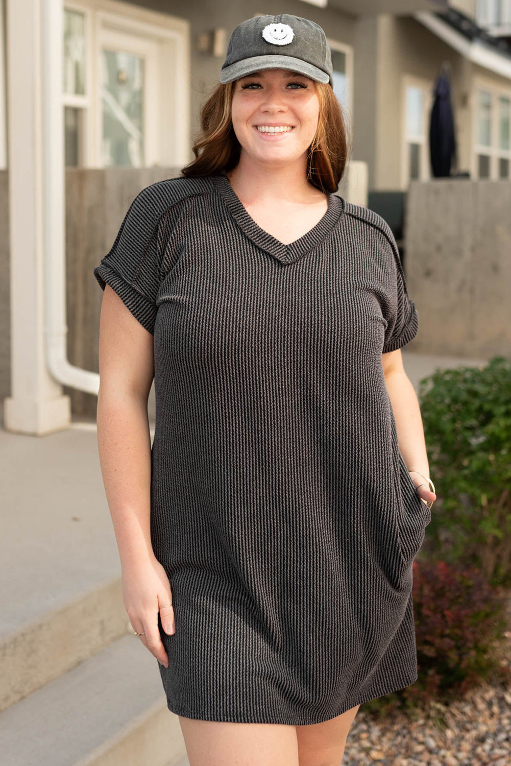 Carbon Grey Corded V Neck Plus Size Shirt Dress