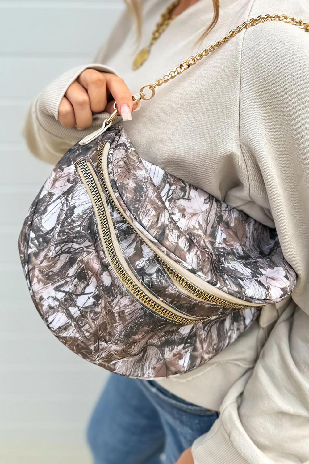 White Abstract/ Camouflage/ Polka Dot/ Leopard Print Double Zip Fashion Crossbody Bag