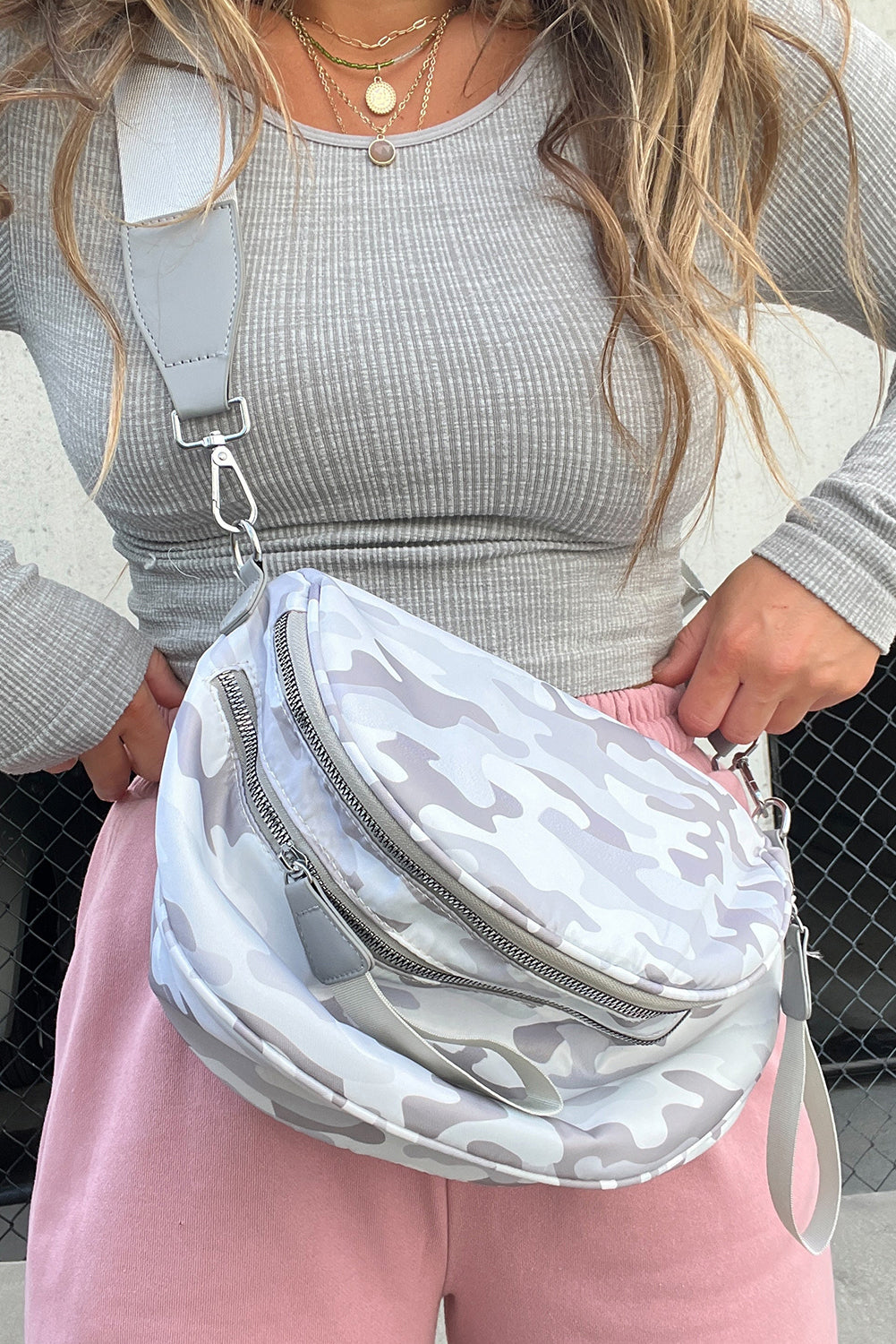 White Abstract/ Camouflage/ Polka Dot/ Leopard Print Double Zip Fashion Crossbody Bag