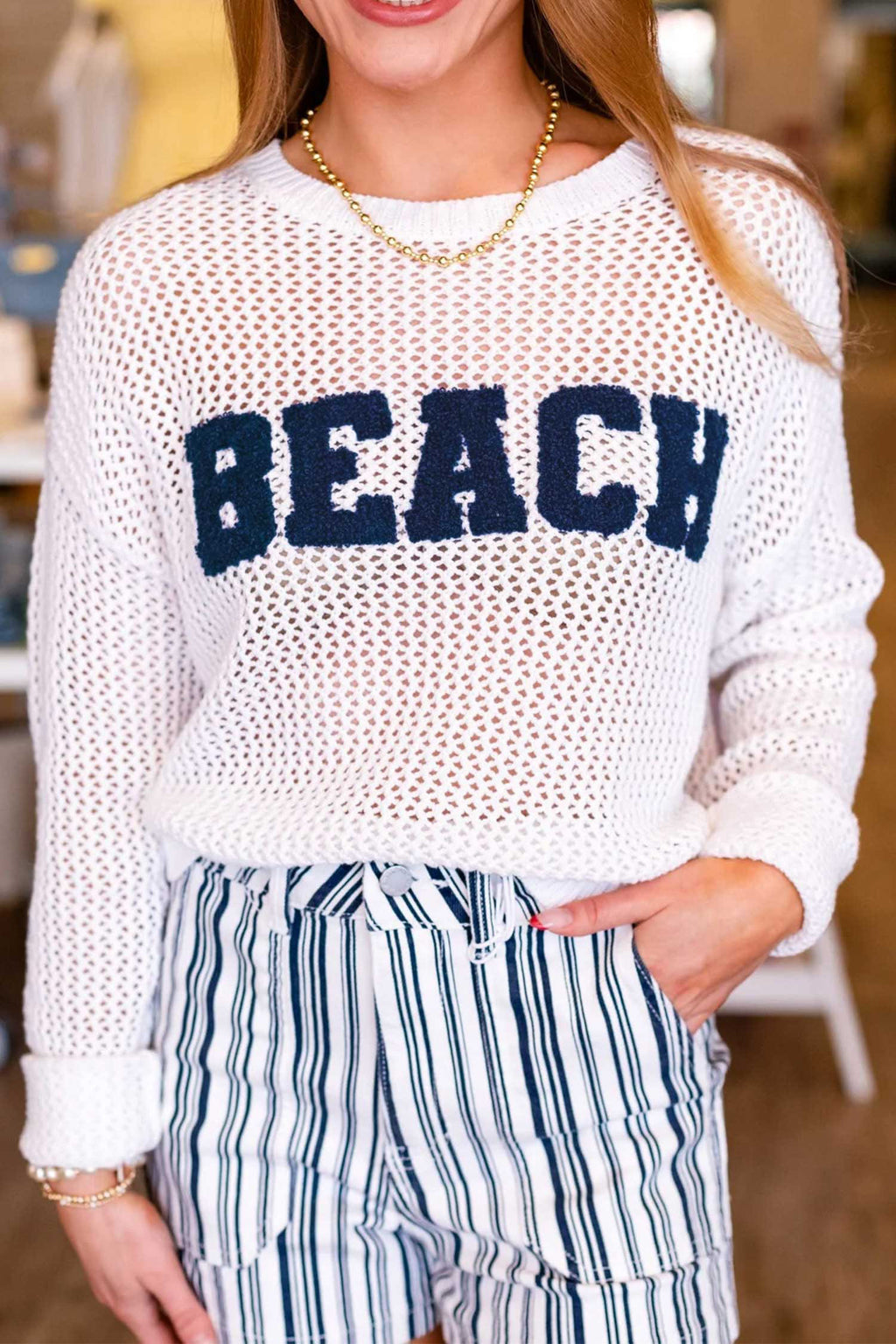 White Chenille BEACH Lettering Hollow Out Knit Casual Sweater