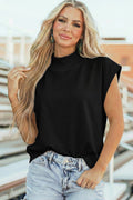 Black Solid Color High Neck Cap Sleeve Loose Top