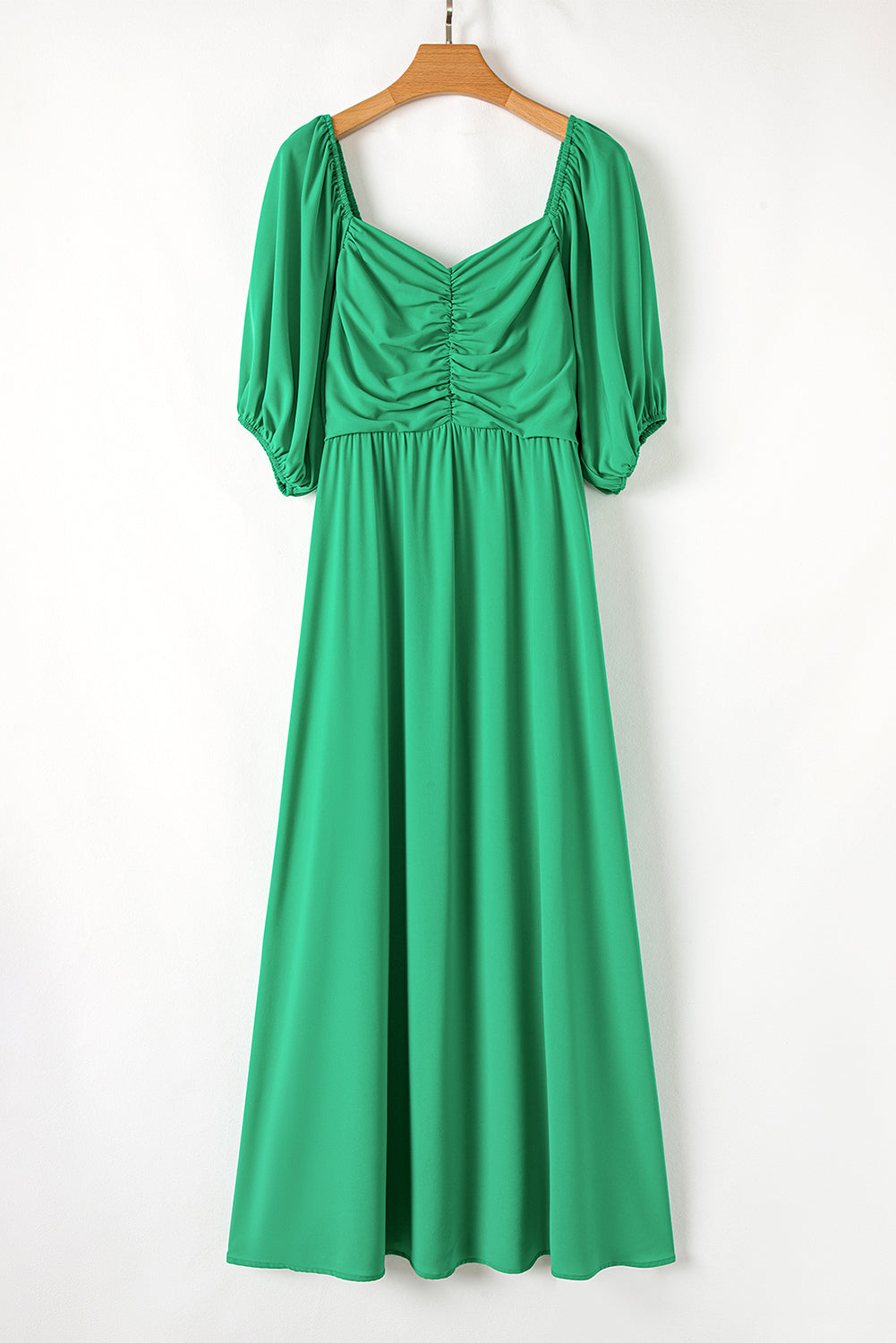 Bright Green Ruched Front Puff Sleeve Plus Size Dress