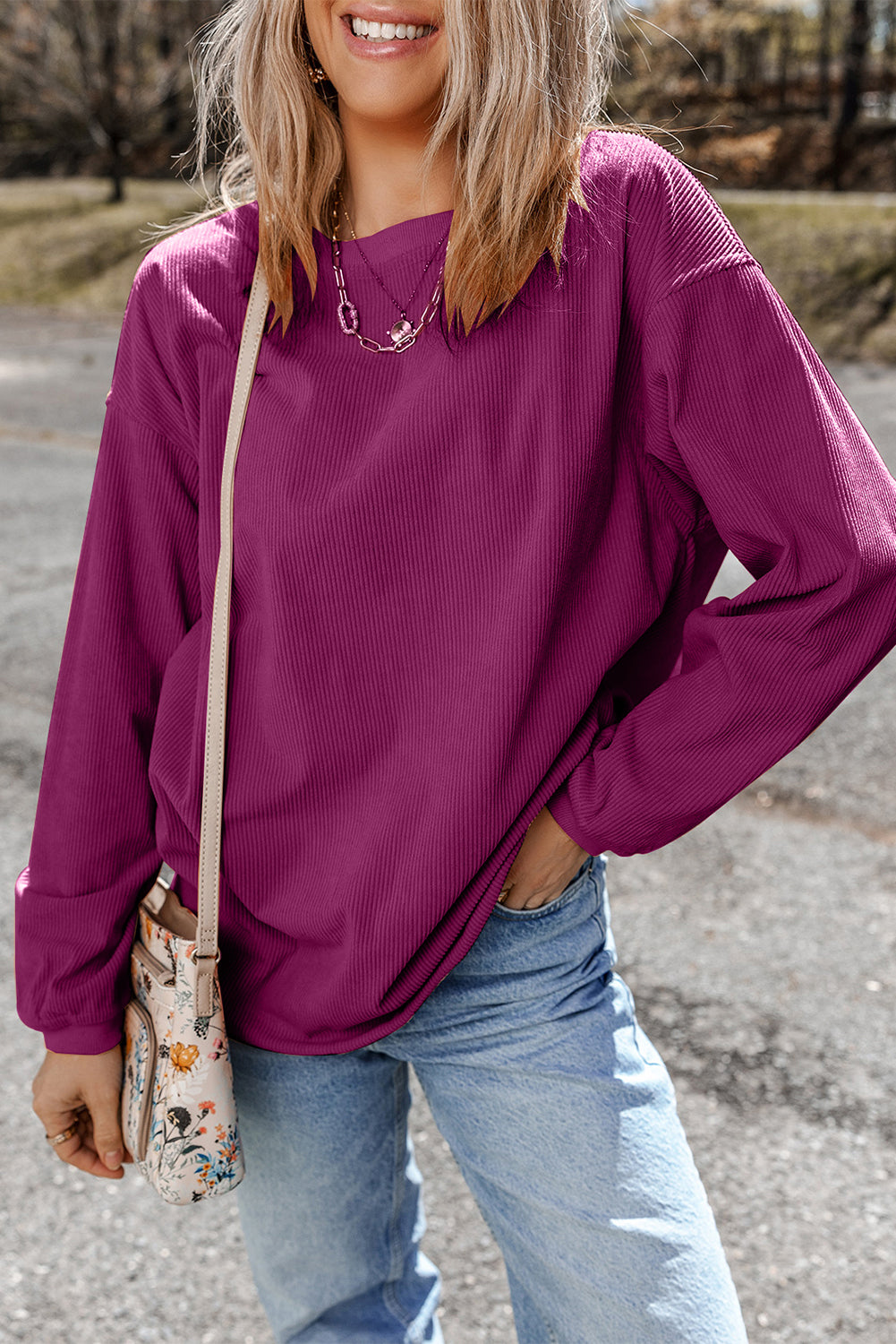 Orange Plain Drop Sleeve Crinkle Rib Oversized Sweatshirt