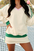 Beige Ribbed Colorblock Trim V Neck Sporty Pullover Mini Skort 2pcs Athleisure Set