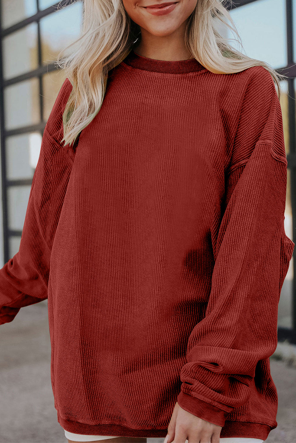 Orange Plain Drop Sleeve Crinkle Rib Oversized Sweatshirt