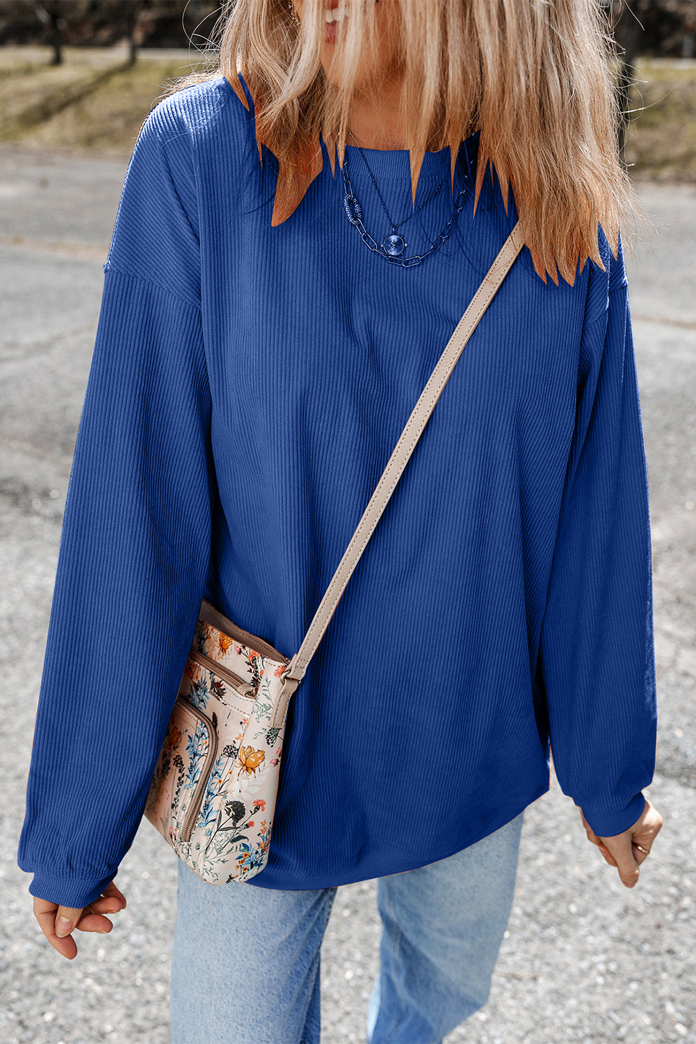 Orange Plain Drop Sleeve Crinkle Rib Oversized Sweatshirt