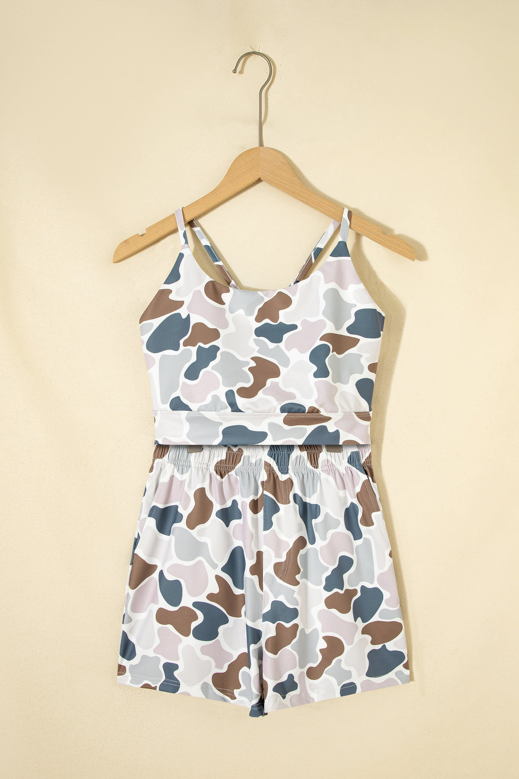 Multicolour Camouflage Printed Cropped Tank Athleisure 2pcs Short Set