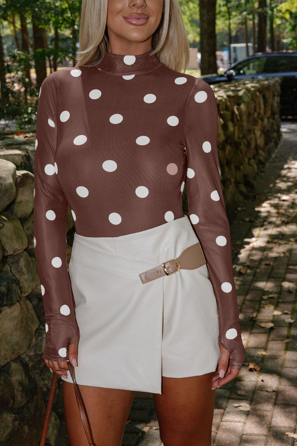 Black Vintage Polka Dot Print Mesh Long Sleeve Bodysuit