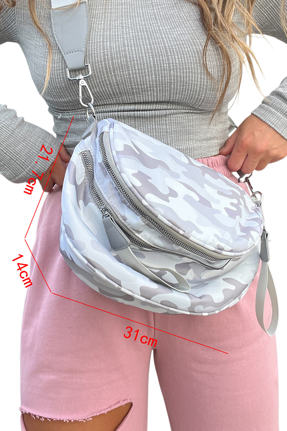 White Abstract/ Camouflage/ Polka Dot/ Leopard Print Double Zip Fashion Crossbody Bag