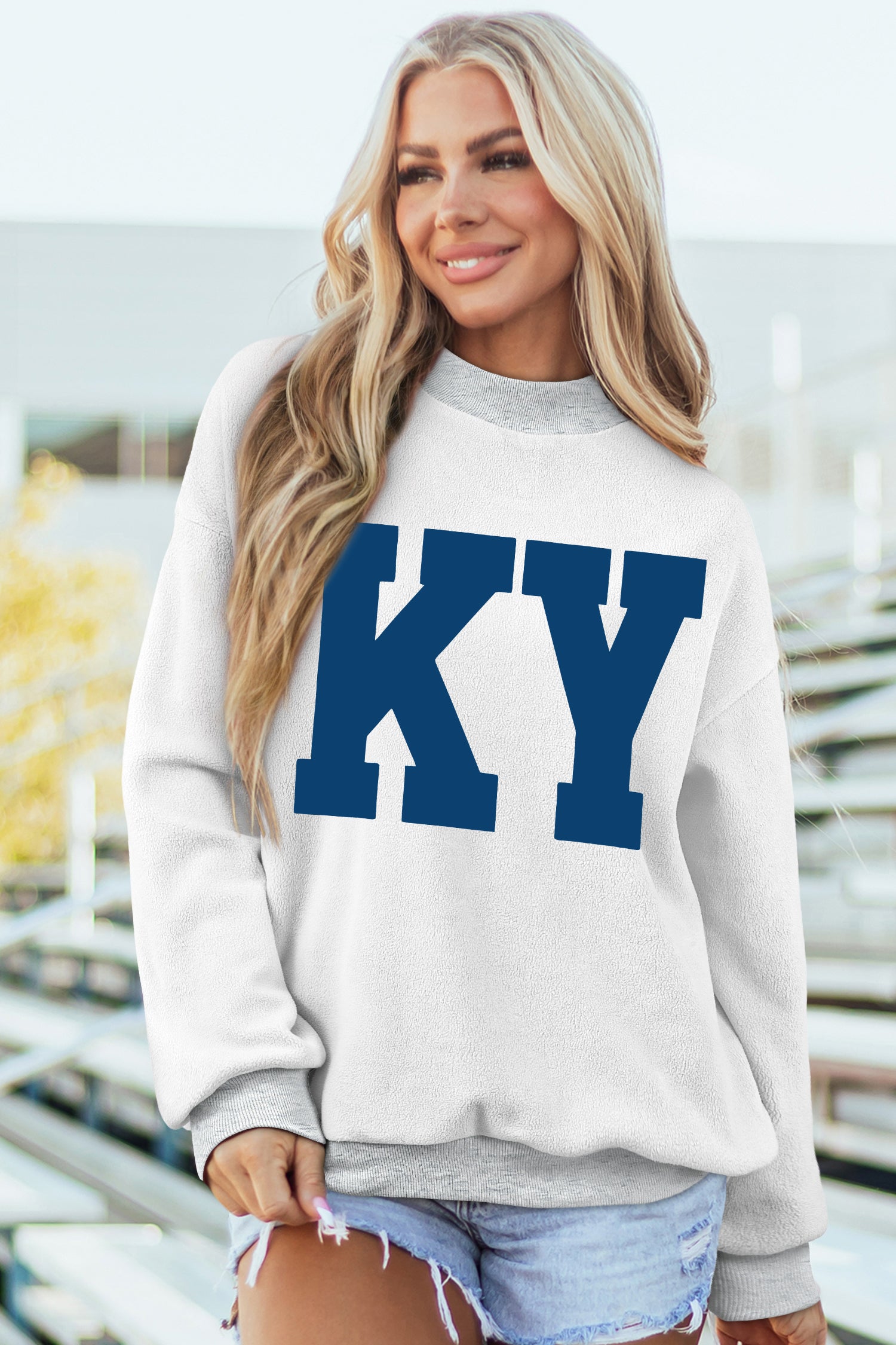 Light Grey KENTUCKY KY Letter Print Reversible High Neck Sweatshirt