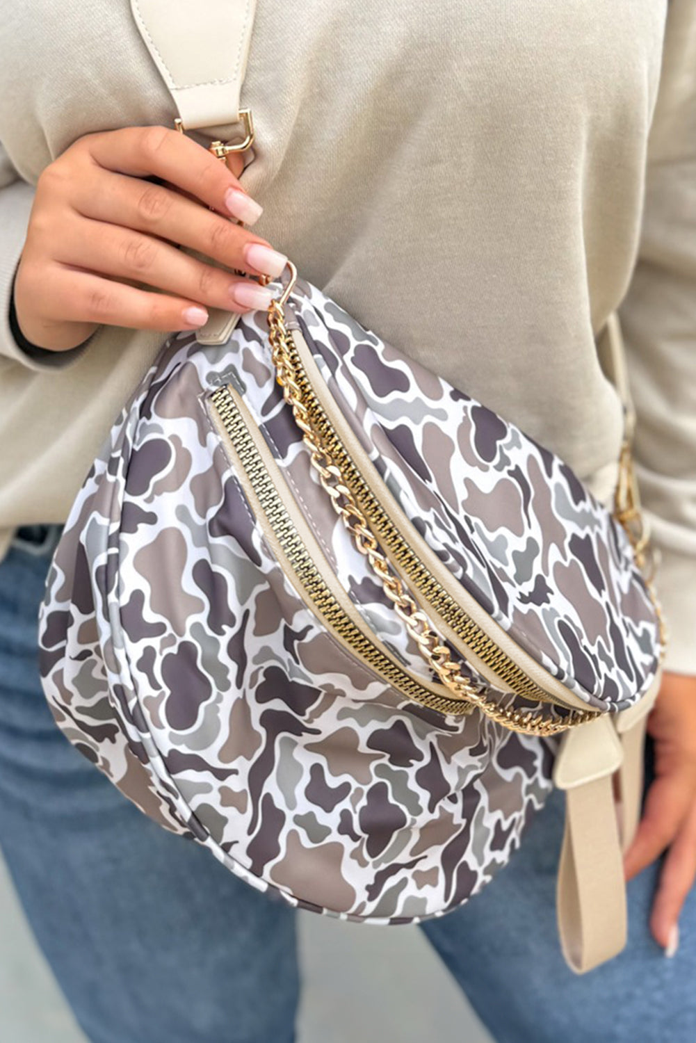 White Abstract/ Camouflage/ Polka Dot/ Leopard Print Double Zip Fashion Crossbody Bag