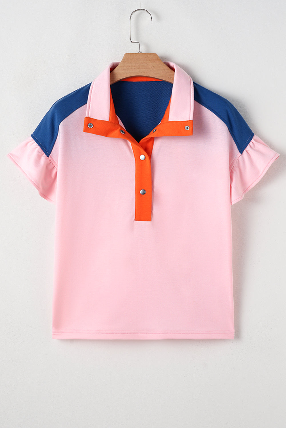 Gossamer Pink Color Block Half Buttoned Ruffled Short Sleeve Pop of Color Neckline T Shirt