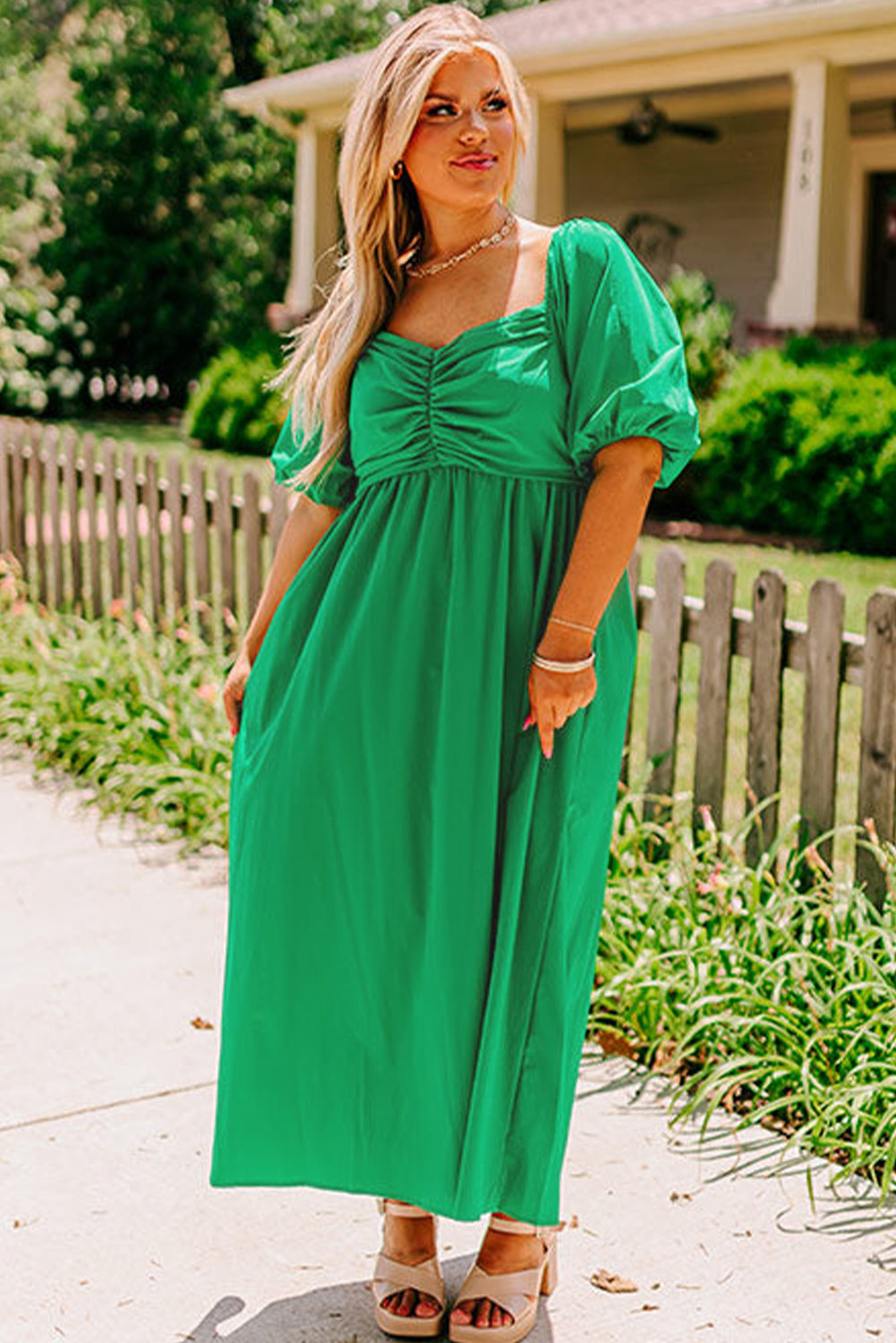Bright Green Ruched Front Puff Sleeve Plus Size Dress