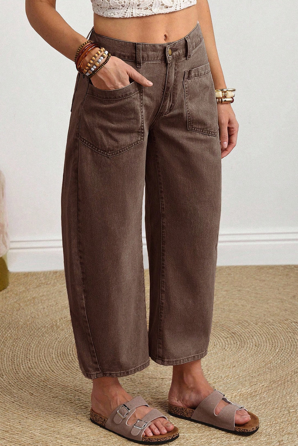 Coffee Solid Color Square Patch Pocket Ankle-length Barrel Jeans
