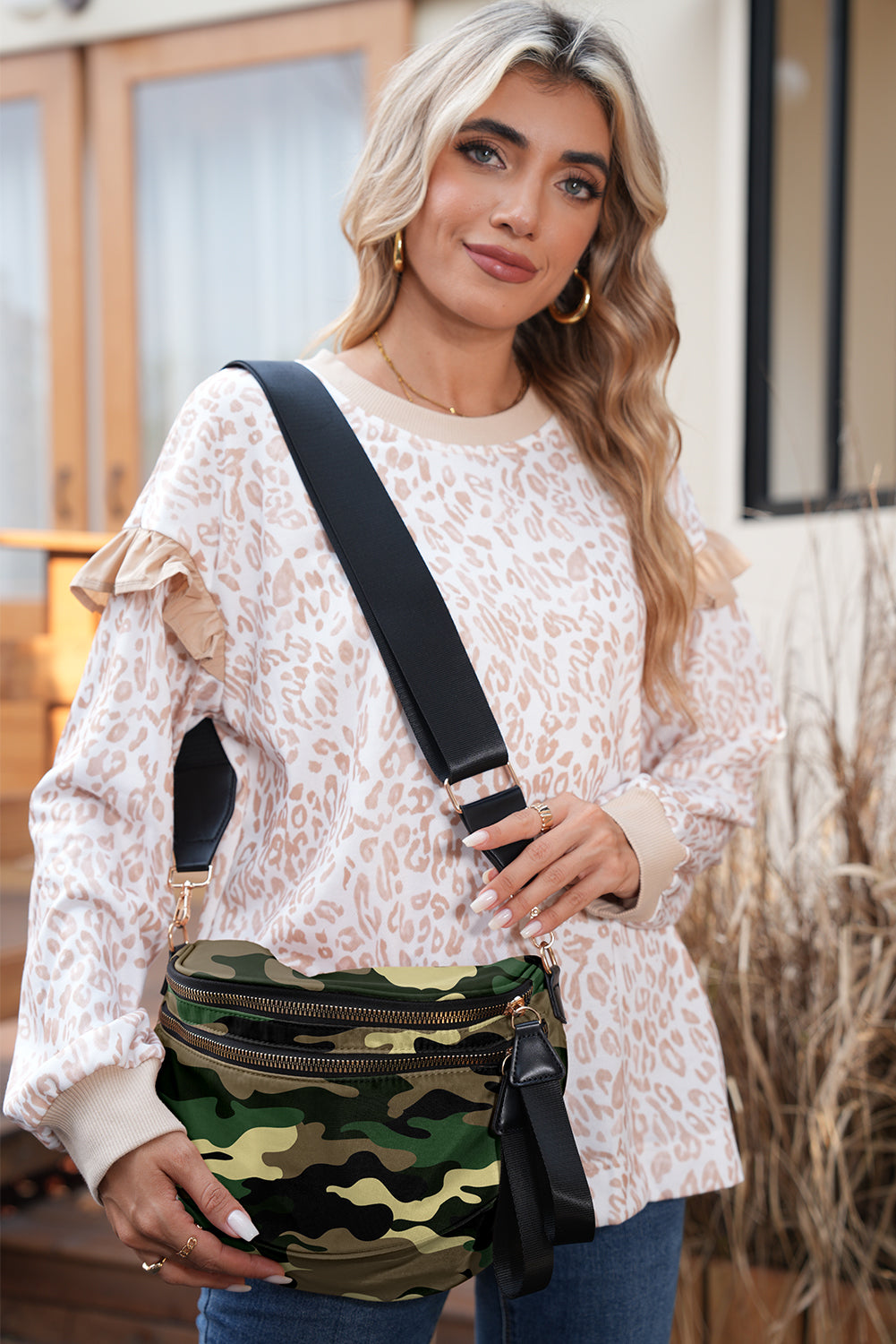 White Abstract/ Camouflage/ Polka Dot/ Leopard Print Double Zip Fashion Crossbody Bag