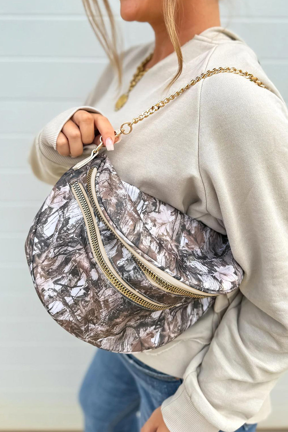 White Abstract/ Camouflage/ Polka Dot/ Leopard Print Double Zip Fashion Crossbody Bag
