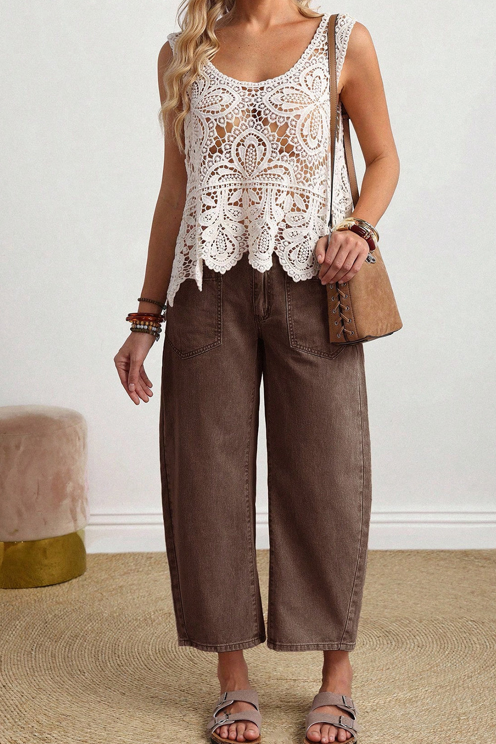 Coffee Solid Color Square Patch Pocket Ankle-length Barrel Jeans