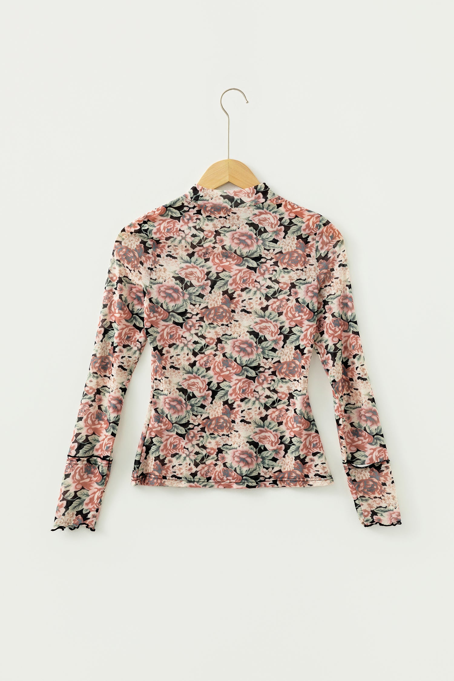 Black Retro Floral Print Mock Neck Mesh Long Sleeve Top