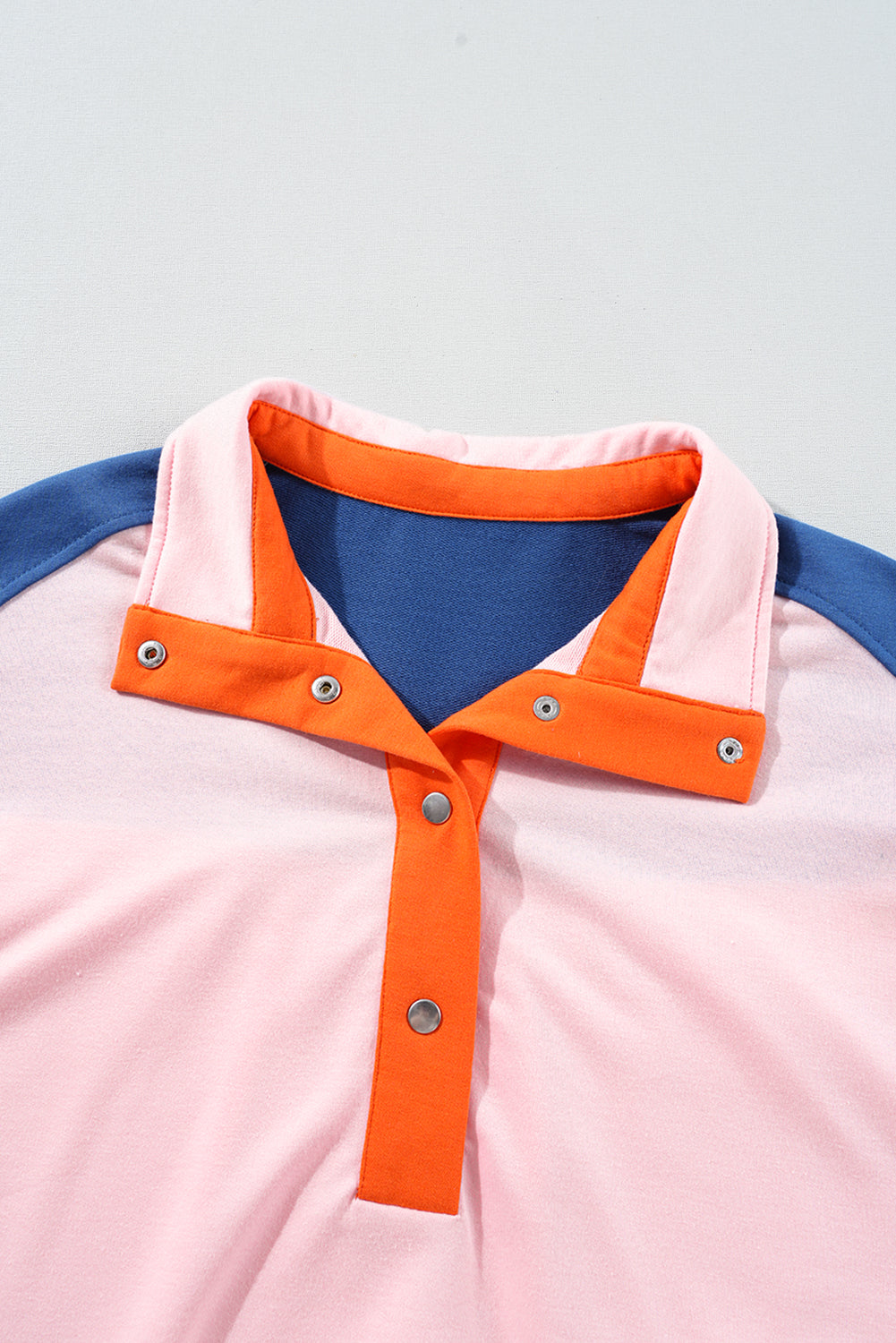 Gossamer Pink Color Block Half Buttoned Ruffled Short Sleeve Pop of Color Neckline T Shirt