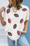 White Sequin Rugby Pattern Round Neck Casual T Shirt