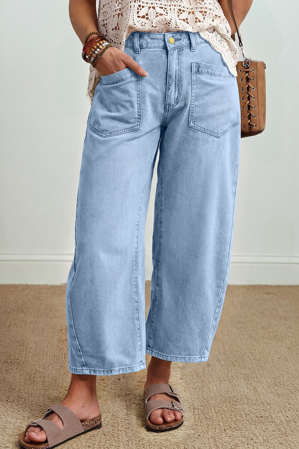 Coffee Solid Color Square Patch Pocket Ankle-length Barrel Jeans