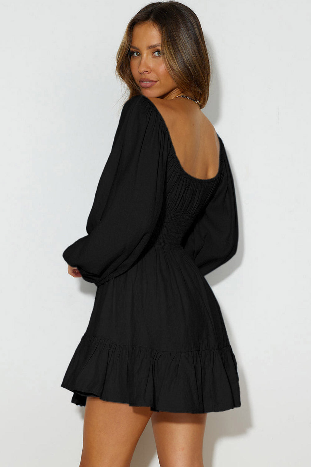 Black Solid Color Long Sleeve Shirred Drawstring Ruffle Mini Dress